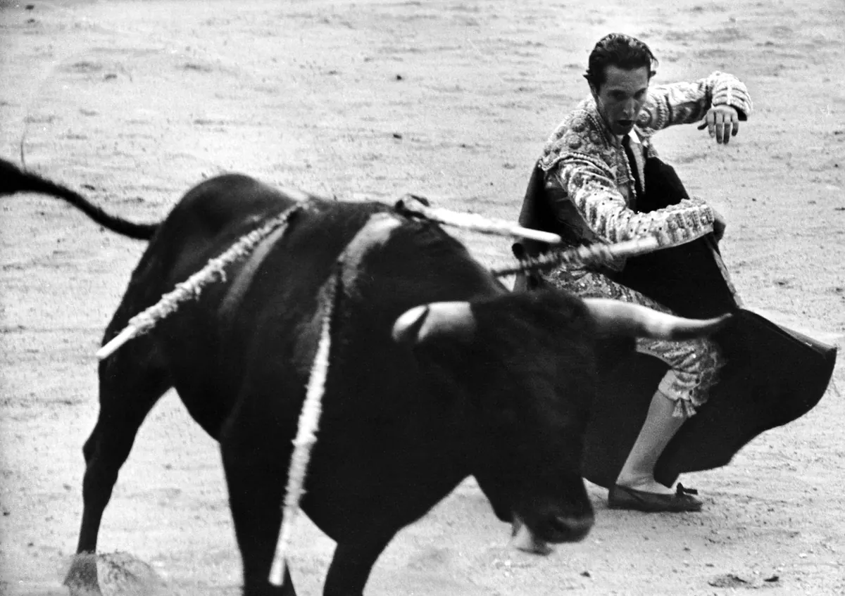 A matador turning on the sand as a black bull charges past him, banderillas along its shoulders