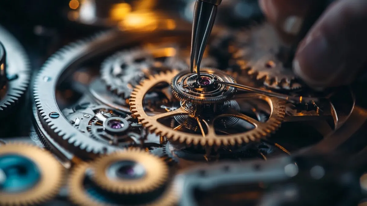 A close view of the brass gears and jewelled bearings of a watch movement, a fine tool held to it between finger and thumb
